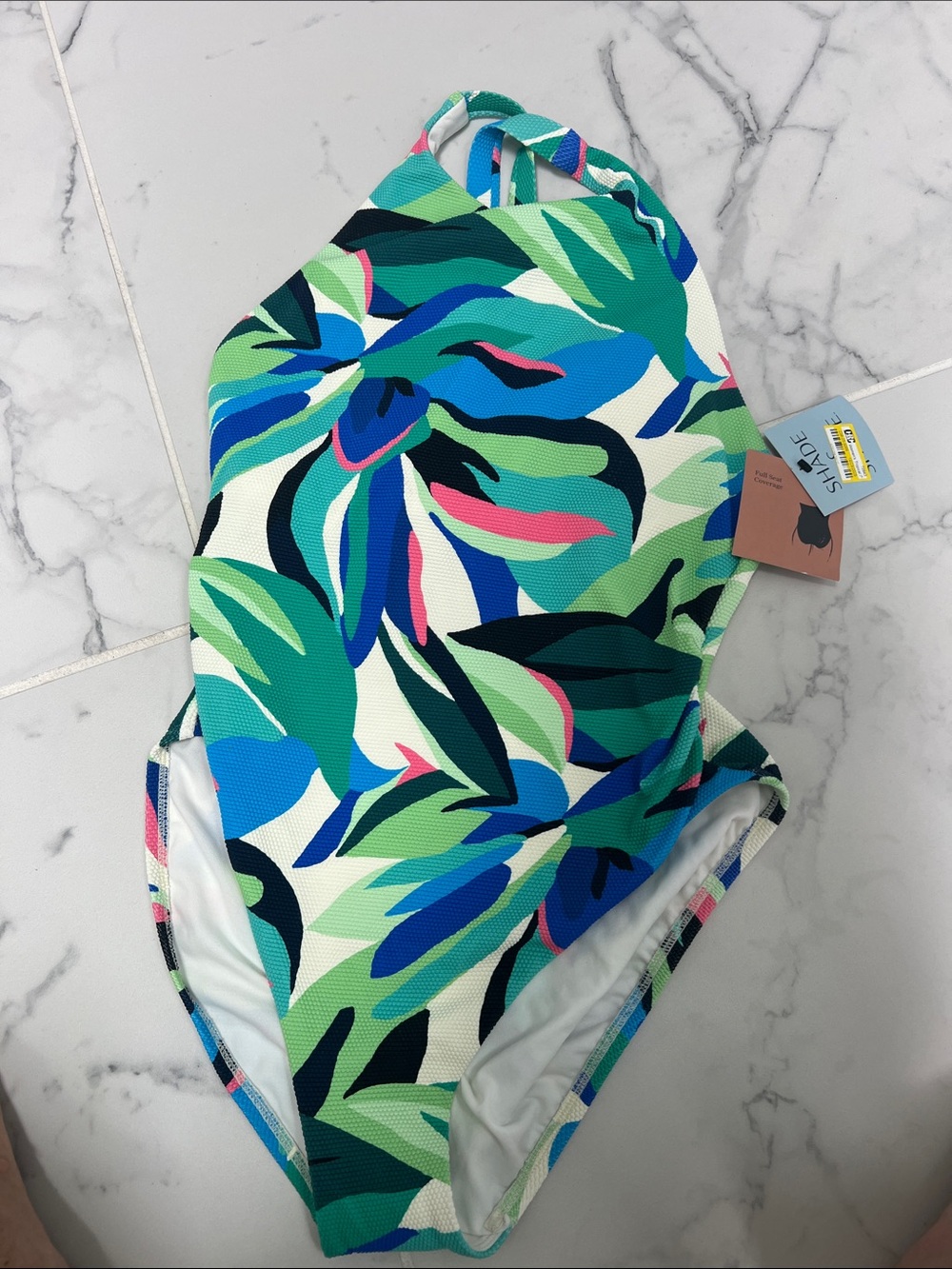 Shade & Shore Swimsuit One Piece Tropical Pique High Neck Full Coverage M/8-10